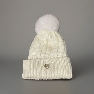 Michael Kors Pom-Pom Ribbed Knit Beanie Hat One Size